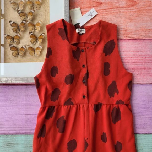 NWT Pepaloves Rust Red Isadora Printed Slim Straight Leg Retro Knit Jumpsuit XS - Picture 2 of 7